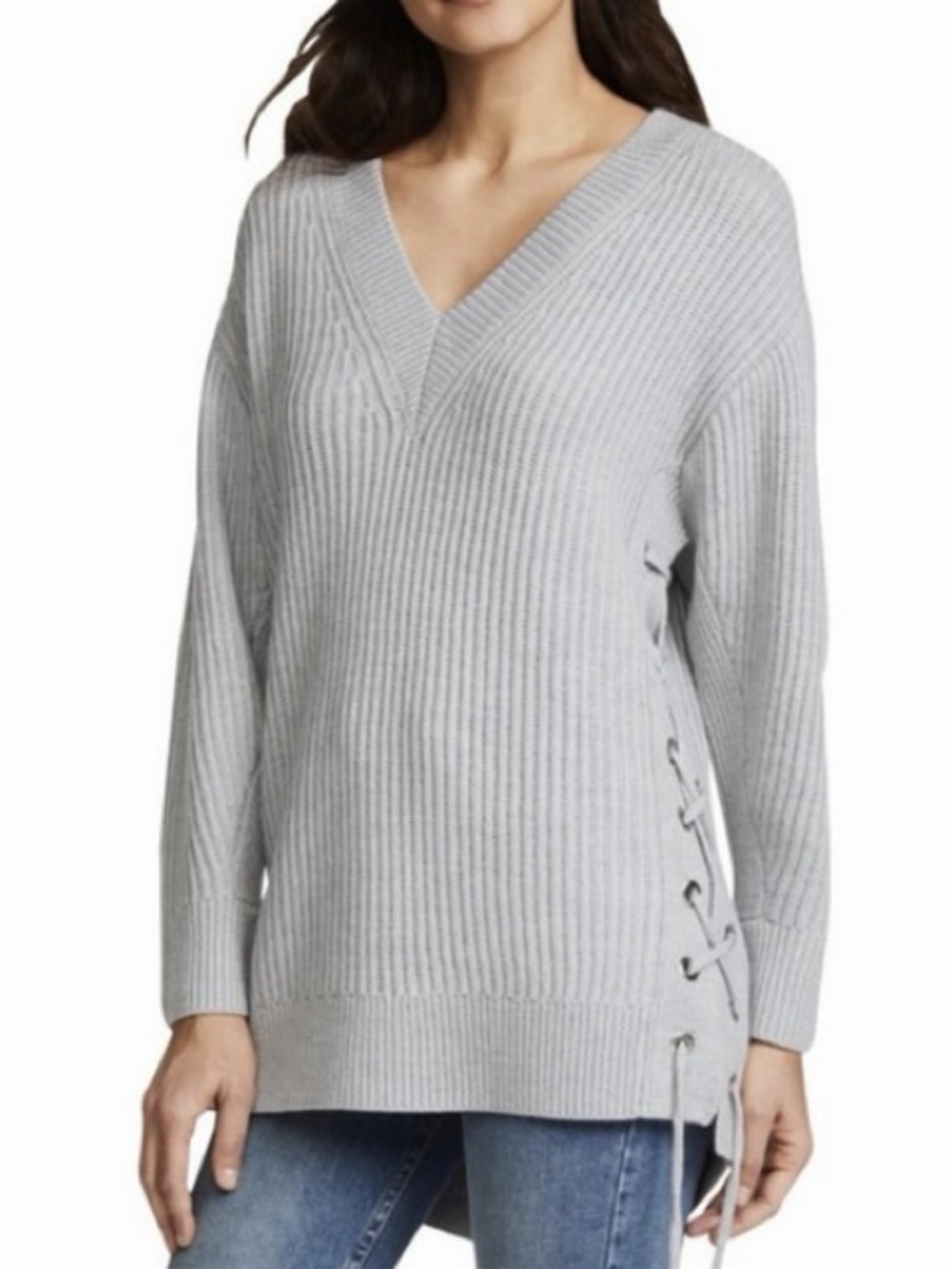 Rag & Bone 100% Fine Merino Wool V-Neck Ribbed Sweater with Side Lace-Up